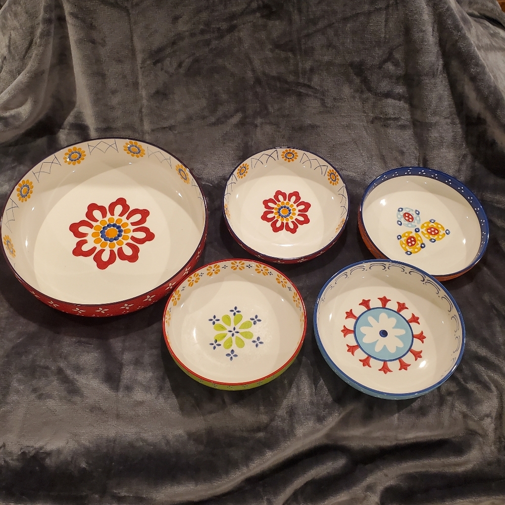 Colorful Floral Ceramic Pasta Bowls Set